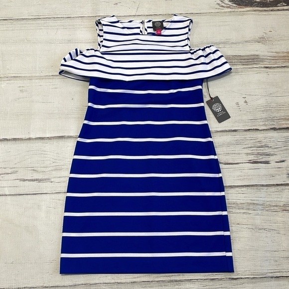 Vince Camuto Dress Women's 6 Blue White Striped Cold Shoulder Midi NWT - Picture 11 of 16